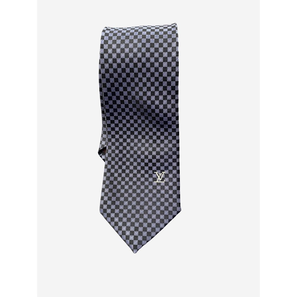 Louis Vuitton Mens Navy Blue Damier Checkered Silk Tie Embroidered LV Logo